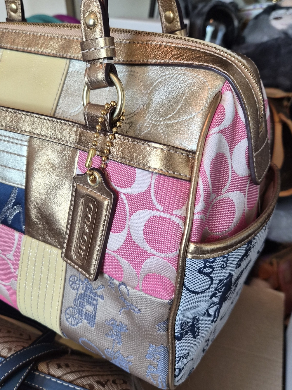 COACH Pink and Gold Patchwork Bowler Satchel Bag EUC F17164 - Picture 5 of 8